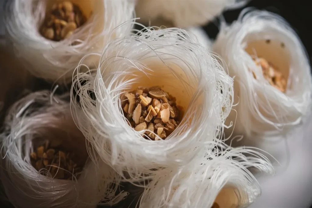 "Master the Dragon's Beard recipe: a delicate, traditional Chinese candy made with fine sugar threads and a nutty filling."